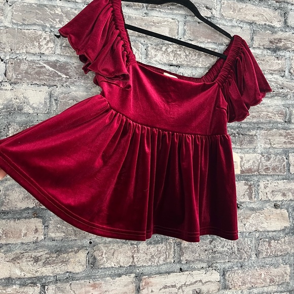 NWT Gorgeous Burgundy wine color velvet  slightly cropped top scalloped sleeves - Picture 11 of 12
